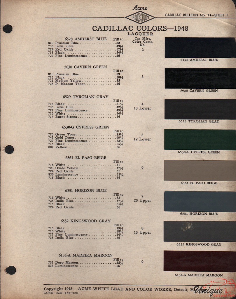 1948 Cadillac Paint Charts Acme 1